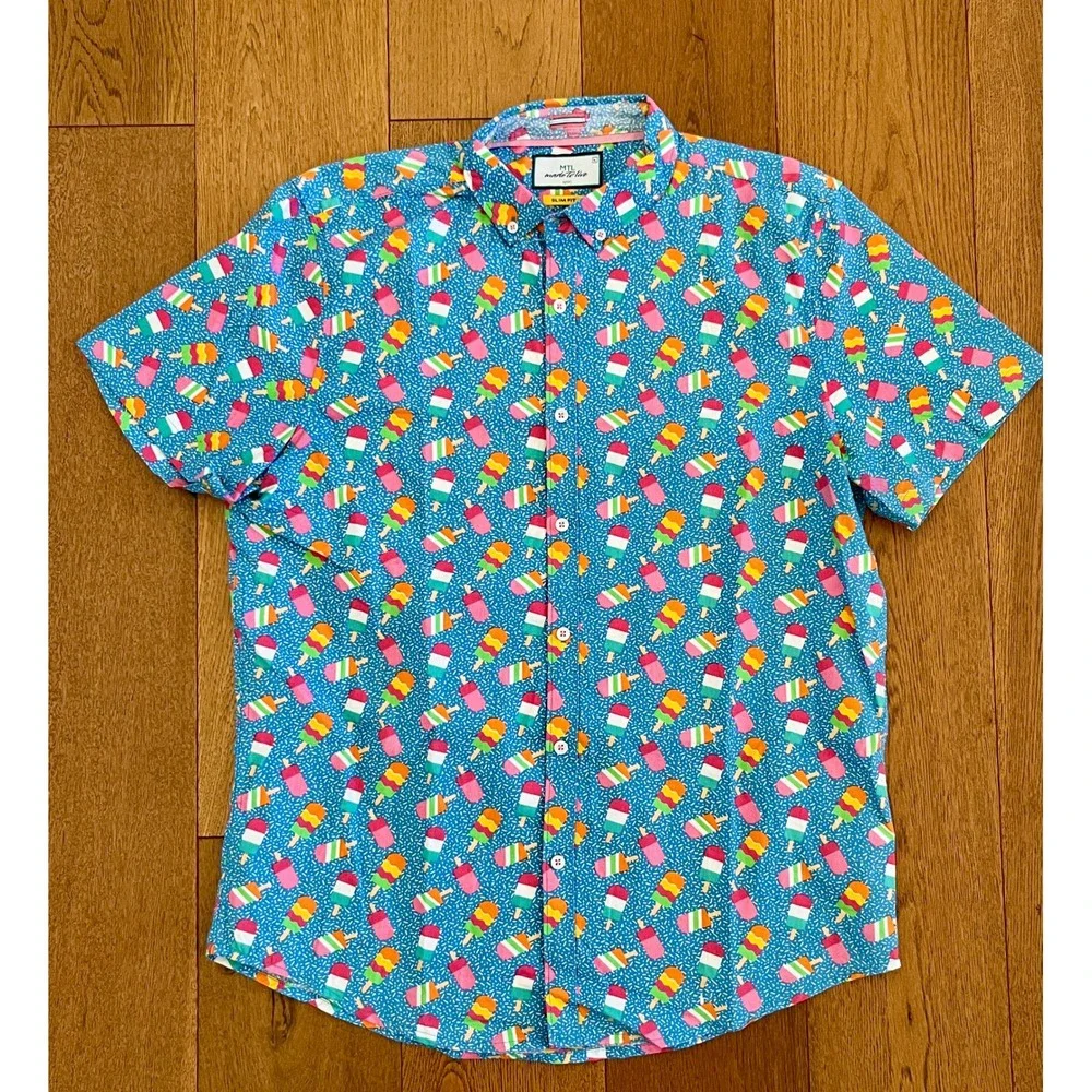 MTL Made To Live NYC Ice Cream Popsicle Print Shirt Mens L Slim Button Up